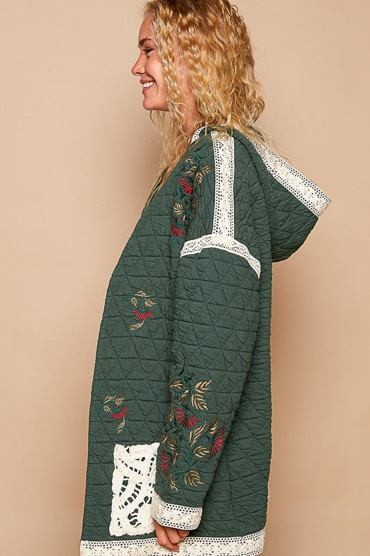 POL Embroidered Open Front Quilted Hooded Jacket with Crochet Pockets in Dark Green Coats & Jackets