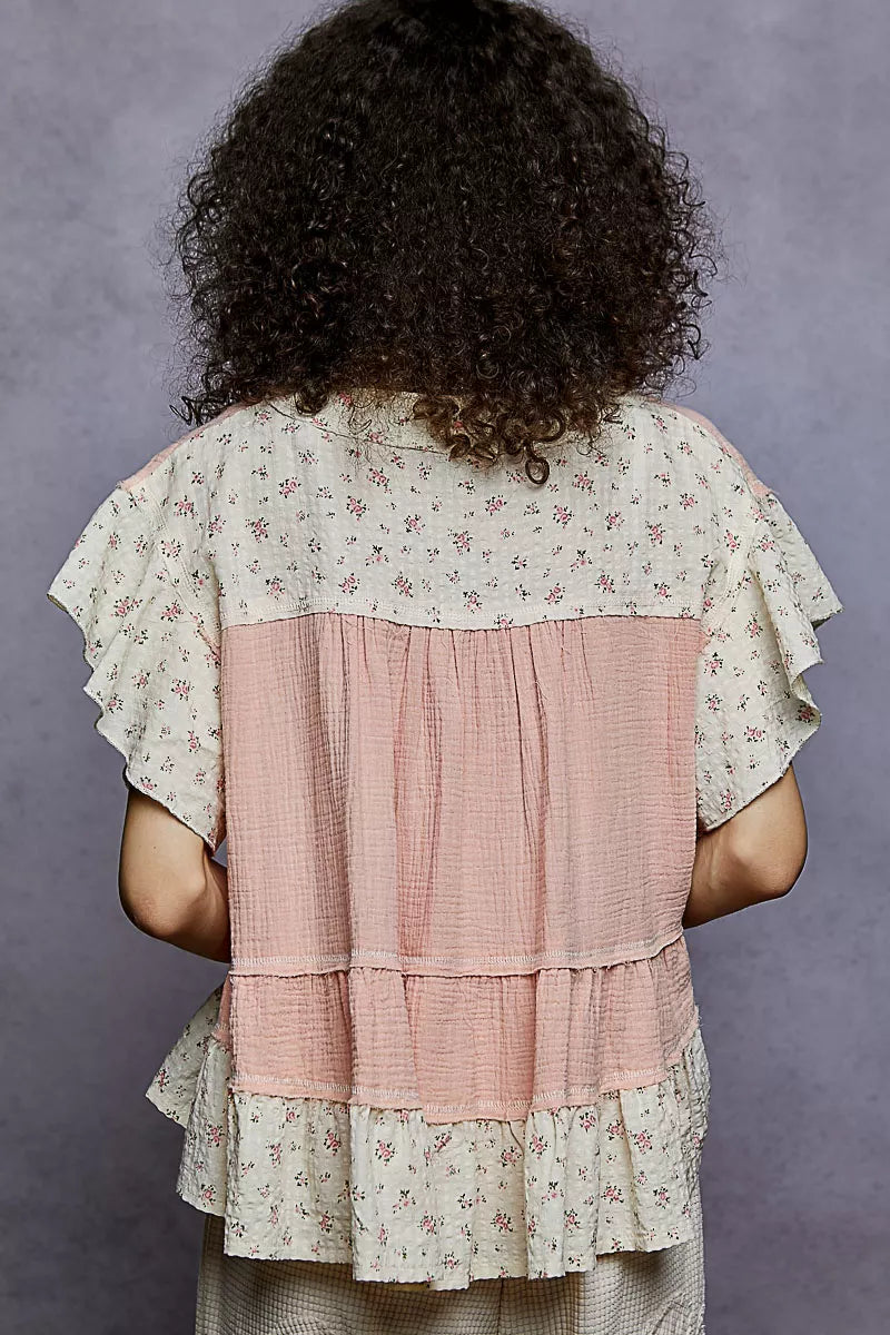 POL Floral V-Neck Short Sleeve Ruffled Double Gauze Blouse with Embroidery Detail