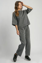 Umgee Dark Gray Drawstring Wide Leg Pants with Pockets Pants