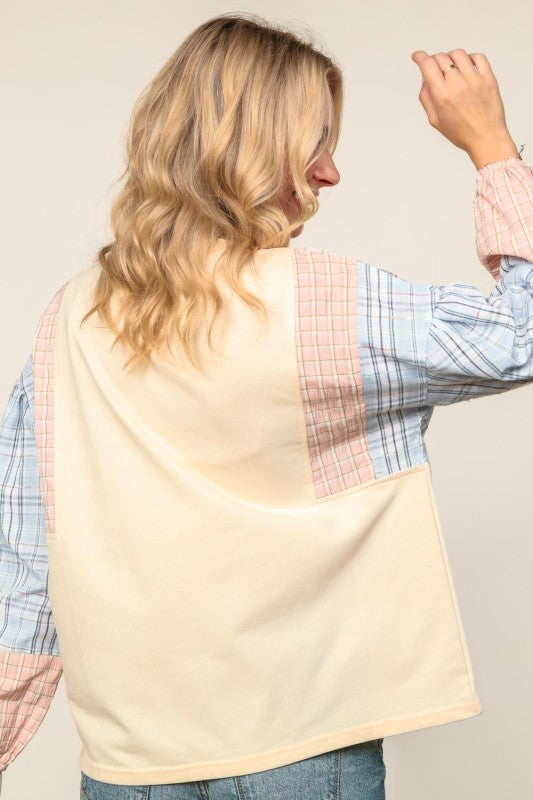 Haptics Solid Pullover Knit Top with Plaid Sleeves – Oatmeal/Blush/Blue