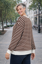 Zenana Brown Contrast Striped Round Neck Sweatshirt BROWN