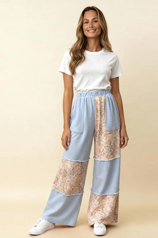 Haptics French Terry Floral Color Block Straight Leg Pants – Light Blue