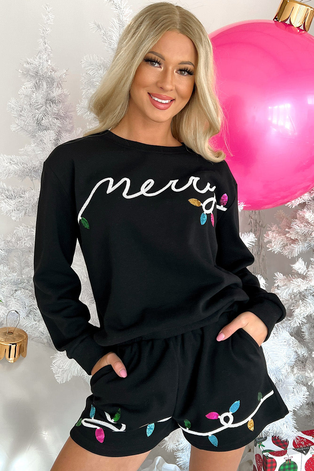 Black Sequin Merry Graphic Pullover and Shorts Outfit Black 70%Polyester+30%Cotton Ruby Idol Apparel