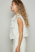 POL Ivory & Apricot Floral Asymmetrical Front Closure Raw Hem Floral Denim Vest