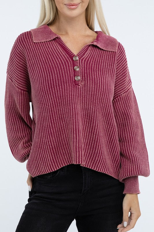 Zenana Washed Collared Henley Sweater in 6 Colors! CABERNET ZENANA