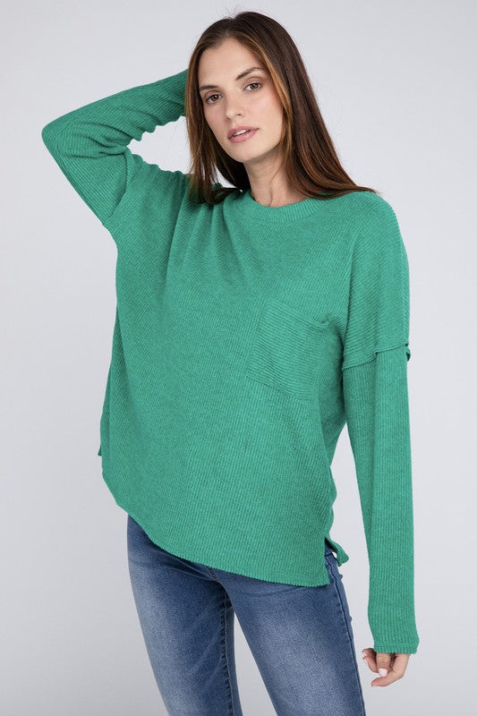 Zenana 4 Colors- Ribbed Brushed Melange Hacci Sweater with a Pocket Shirts & Tops