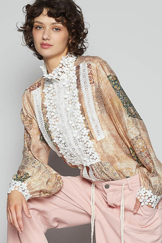 POL Mocha Lace Detail Printed Button Down Shirt Mocha Multicolor