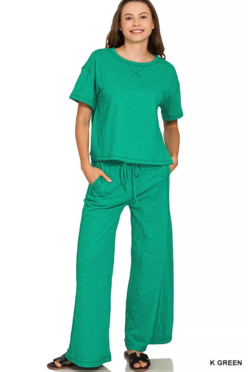 Zenana Kelly Green Cotton Slub Short Sleeve Tee and Pants Set K GREEN