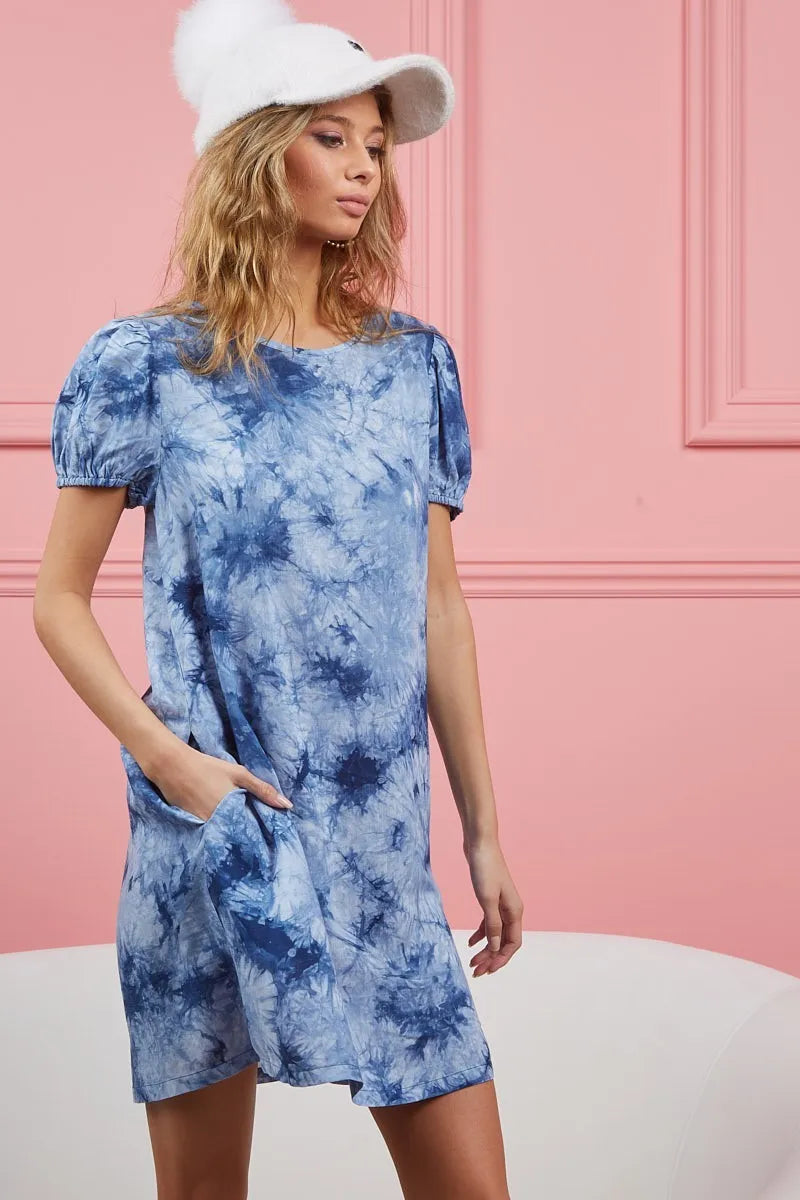 BiBi Navy Puff Sleeve With Side Pockets Tie Dye Dress