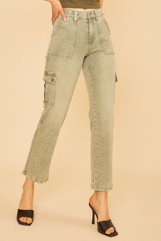 Annie Wear Sage Washed Straight Leg Stretch Jeans with Cargo Pockets Sage