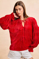 BiBi Red Christmas Theme Velvet Bow Tied Top With Neck Drop