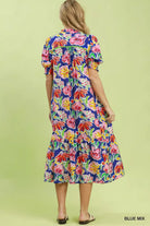 Umgee Blue Mix Floral Print Puff Sleeve Tiered Midi Dress