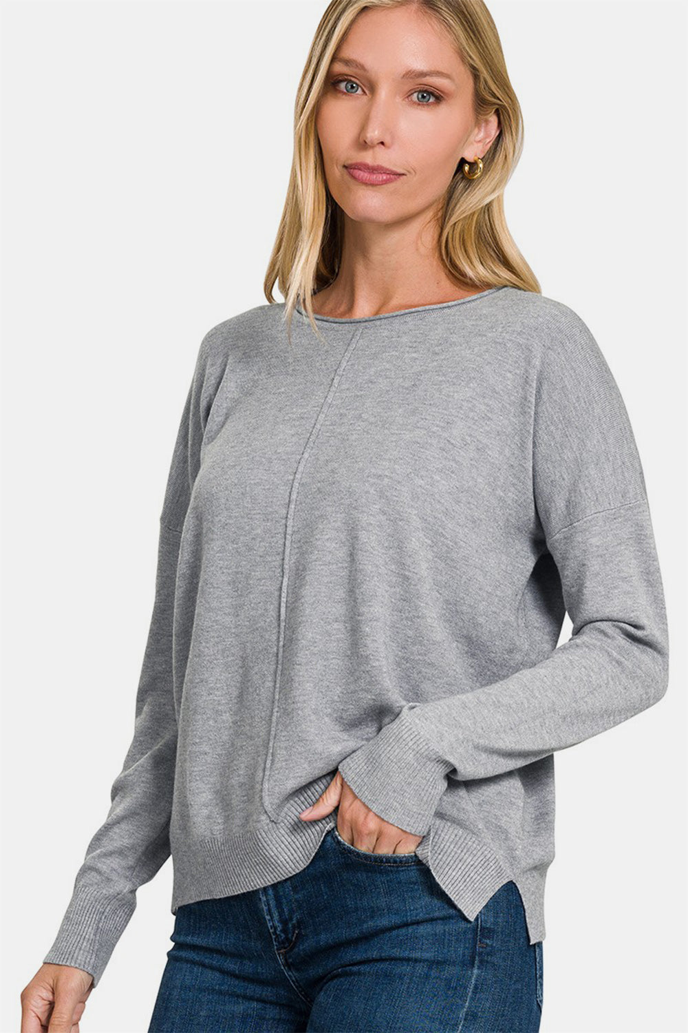 Zenana Gray Front Seam Round Neck Sweater Shirts & Tops