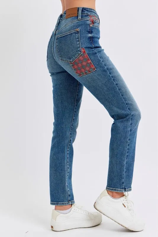 Judy Blue High Waisted Plaid Patch Slim Fit Jeans MD