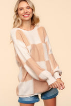 Haptics Apricot Checkered Round Neck Drop Shoulder Sweater Shirts & Tops