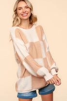 Haptics Apricot Checkered Round Neck Drop Shoulder Sweater