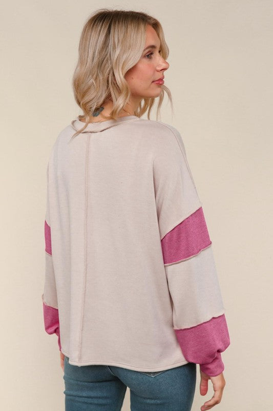 Haptics Latte & Magenta Color Block Loose Fit Knit Pullover
