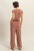 HYFVE Brown Back Keyhole Round Neck Cap Sleeve Drawstring Jumpsuit