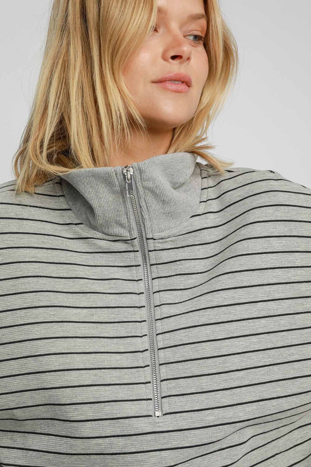 Umgee Gray Striped Half Zip Short Sleeve Sweatshirt