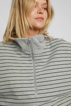 Umgee Gray Striped Half Zip Short Sleeve Sweatshirt