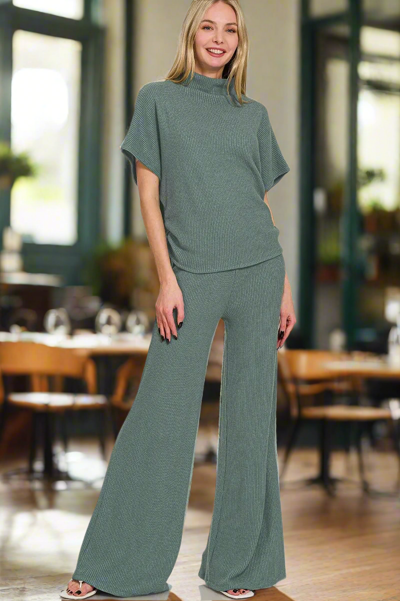 Zenana Ash Jade Mock Neck Top and Pants Sweater Set ASH JADE