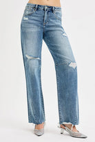 RISEN Medium Washed Distressed Mid Rise Wide Baggy Leg