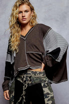 POL Dark Gray High-Low Hem Contrast Stitching V-Neck Top Dark Gray