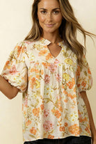 Haptics Frilled Notch Neck Bubble Short Sleeve Top – Oatmeal & Tangerine