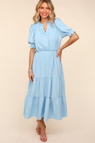 Haptics Sky Blue Frill Notch Neck Shirred Waist Tiered Maxi Dress Dresses