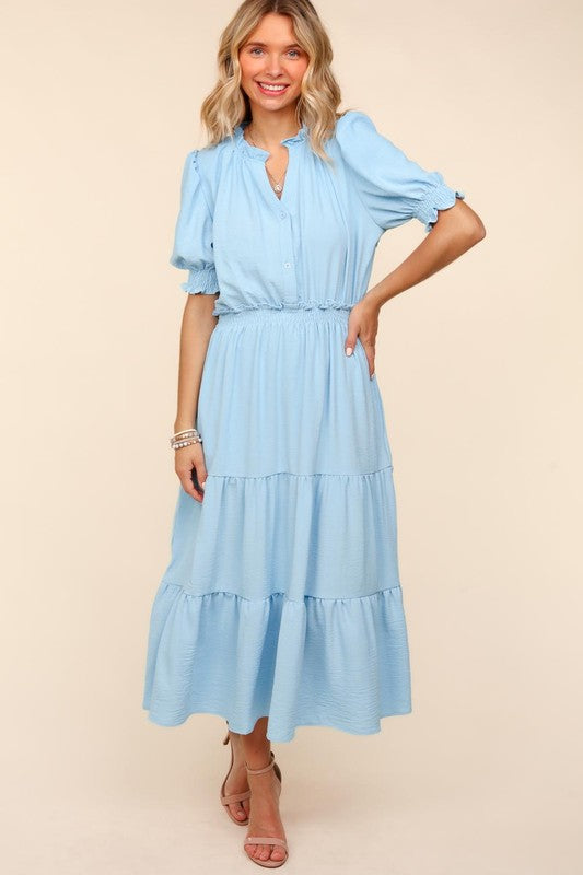 Haptics Sky Blue Frill Notch Neck Shirred Waist Tiered Maxi Dress Dresses