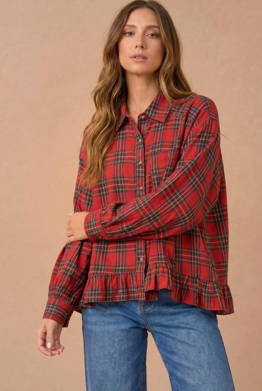 Ruffle the Rules Plaid Flannel Top in Red
