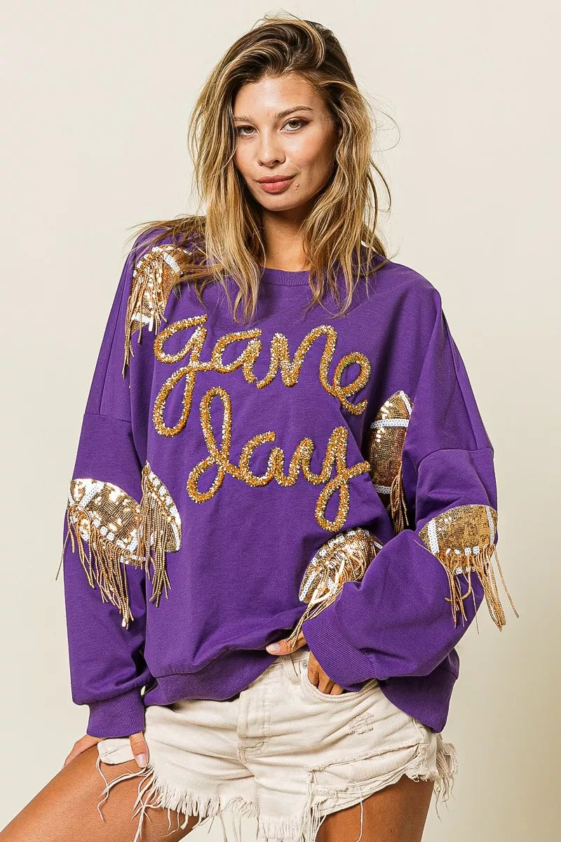 BiBi Purple & Gold Sequin Football Patches Game Day Sweatshirt PURPLE GOLD