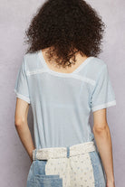 POL Powder Blue Lace Detail V-Neck Short Sleeve Textured T-Shirt