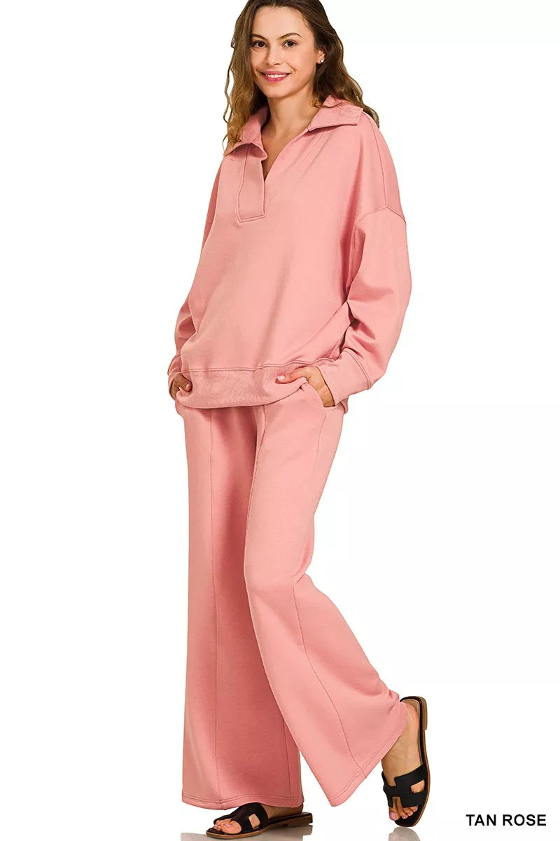 Zenana Tan Rose Scuba Collared Pullover and Pants Set