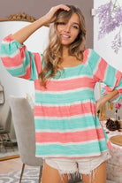 BiBi Jade & Coral Stripe Printed Bubble Woven Balloon Sleeves Babydoll Blouse
