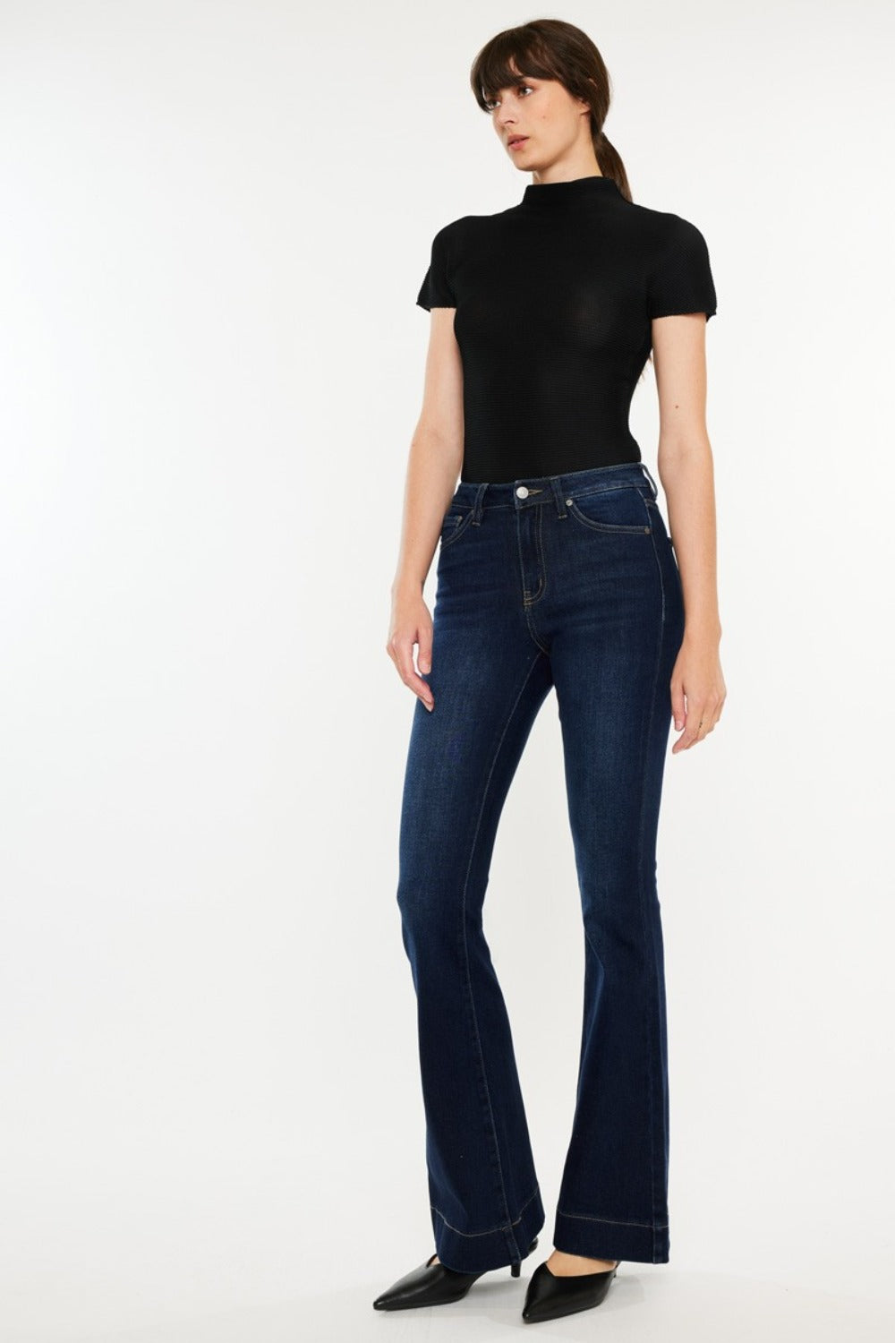 Kancan Dark Washed High Rise Slim Flare Jeans Trendsi