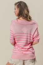 BiBi Light Pink/Dark Pink Stripe Short Sleeves Collared V Neck Top
