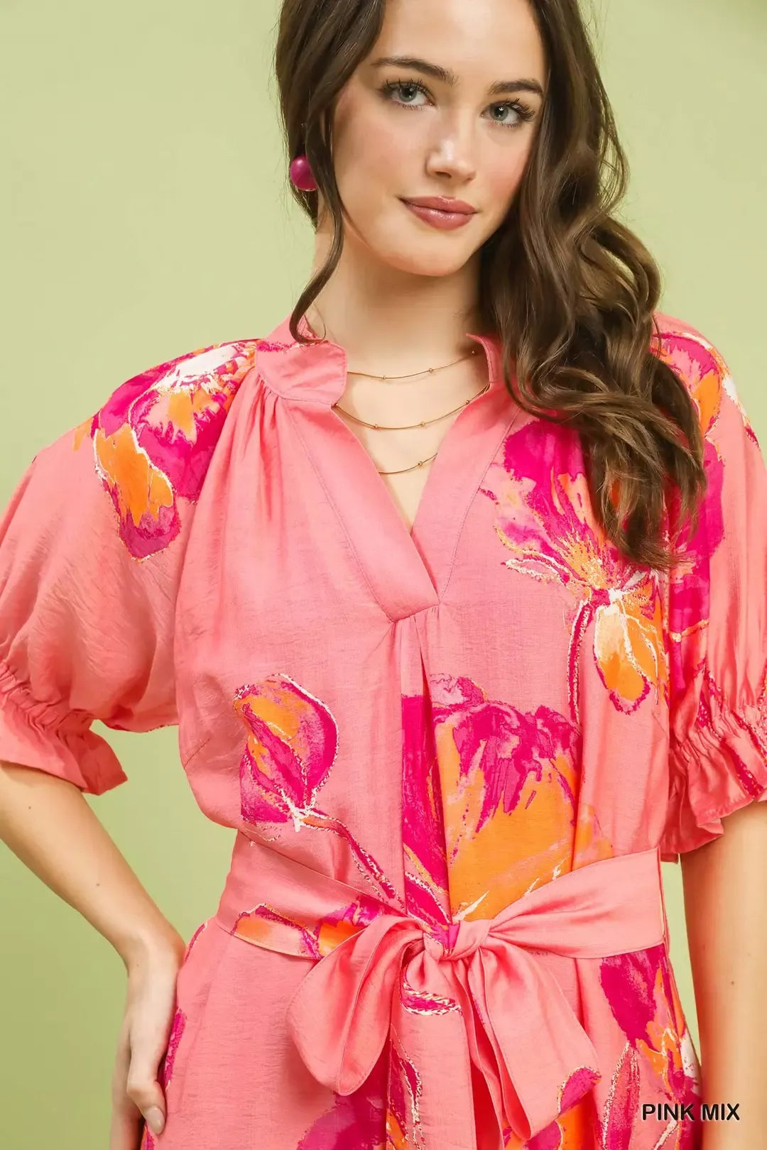 Umgee Pink Mix Floral Flounce Sleeve Midi Dress with Belted