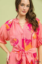 Umgee Pink Mix Floral Flounce Sleeve Midi Dress with Belted