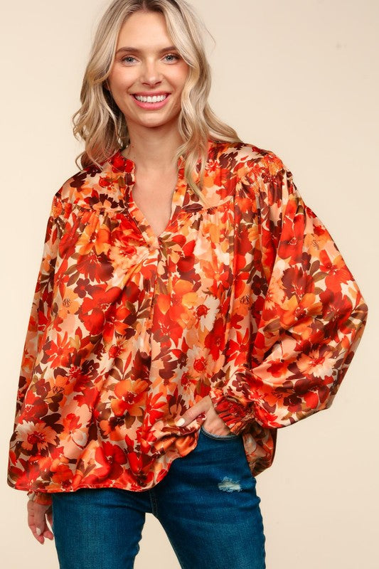 Haptics Rust Floral Print Notched Neck Smocked Satin Top Haptics