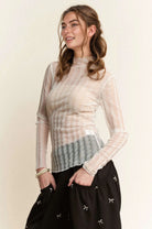 Davi & Dani White Turtle Neck Lace Dotted Stretch Mesh Sheer Top