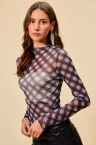 SO ME Plaid Mesh Knit Long Sleeve Top with Thumb Opening