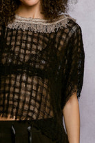 POL Black Textured Raw Hem Round Neck Short Sleeve Top