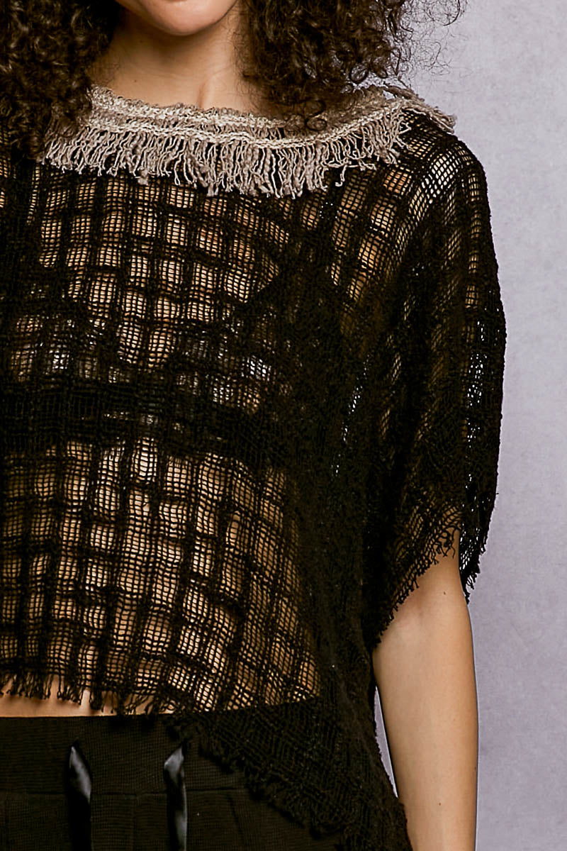 POL Black Textured Raw Hem Round Neck Short Sleeve Top