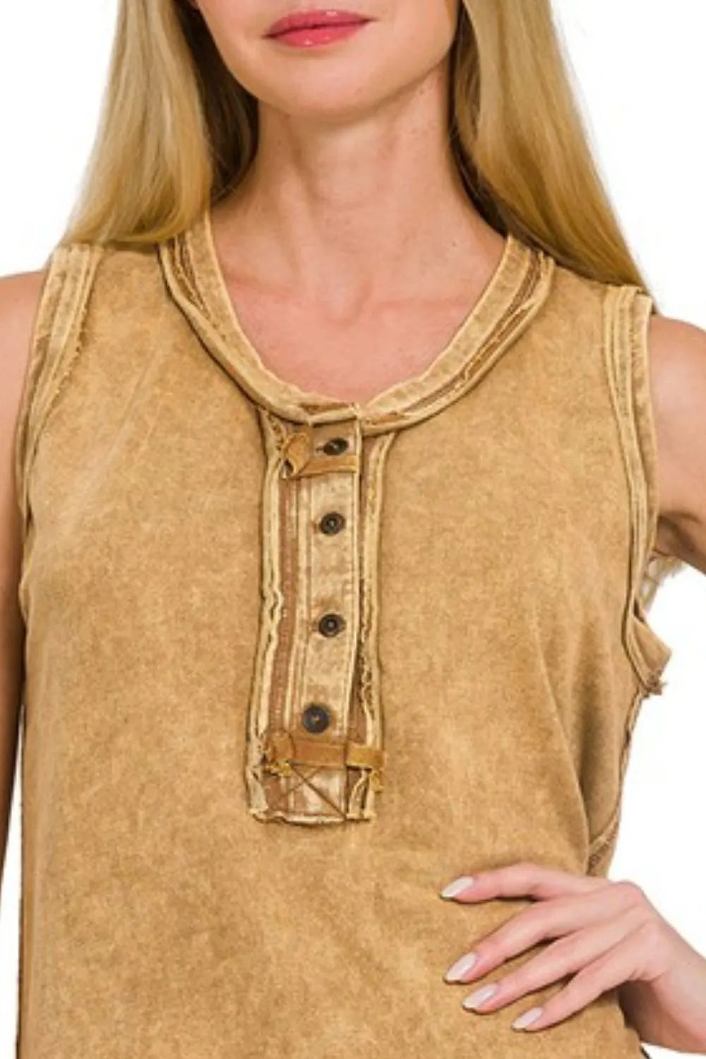 Zenana Dark Camel Washed Half-button Raw Edge Sleeveless Henley Top