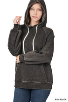 Zenana Ash Black Acid Wash Fleece Hoodie with Drawstring ASH BLACK
