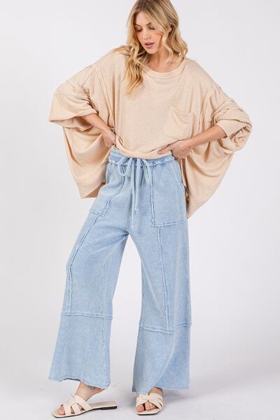 SAGE + FIG Light Blue Waffle Textured Wide Leg Mineral Washed Pants