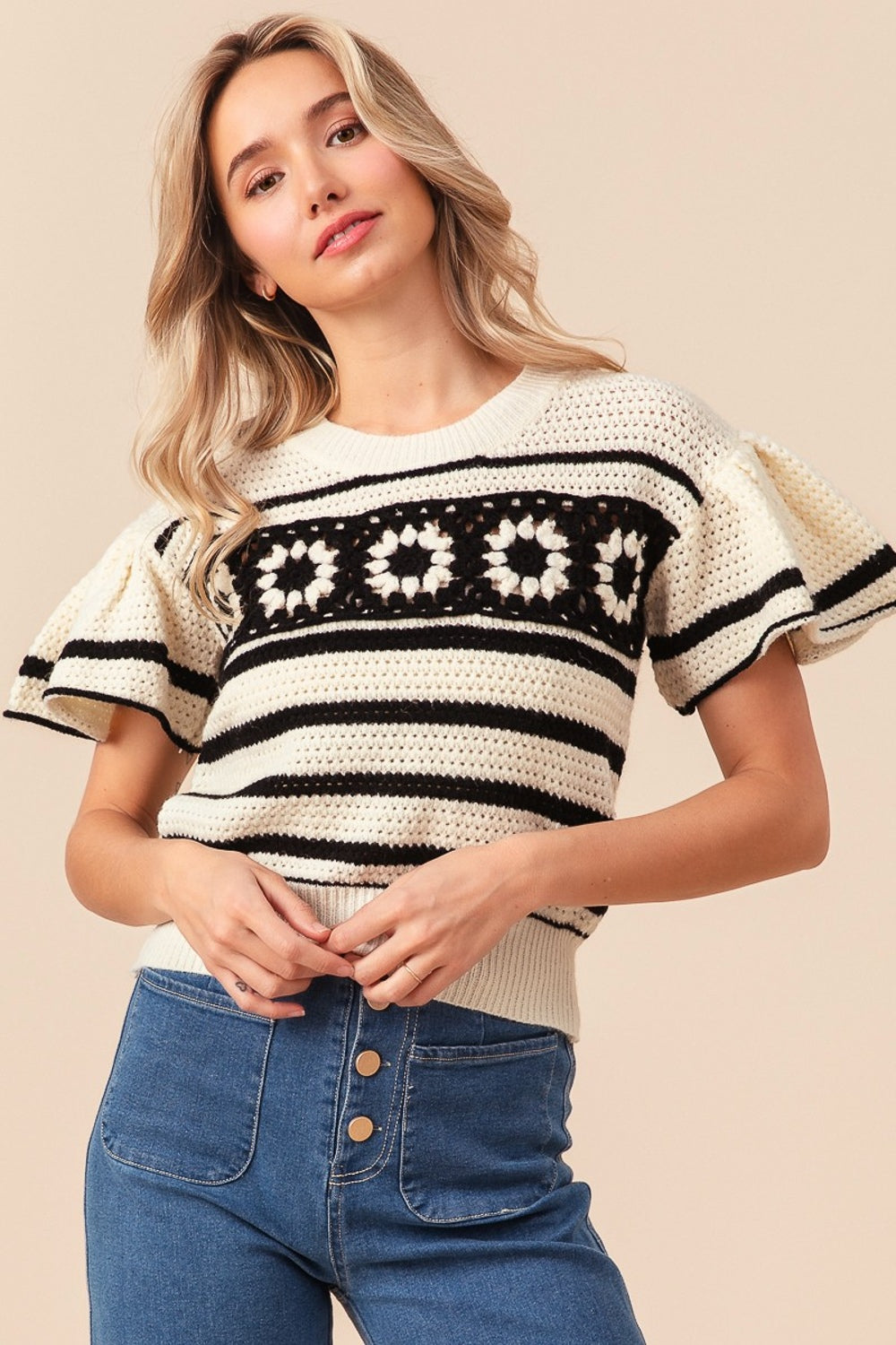 BiBi Granny Square Short Sleeve Striped Sweater Trendsi