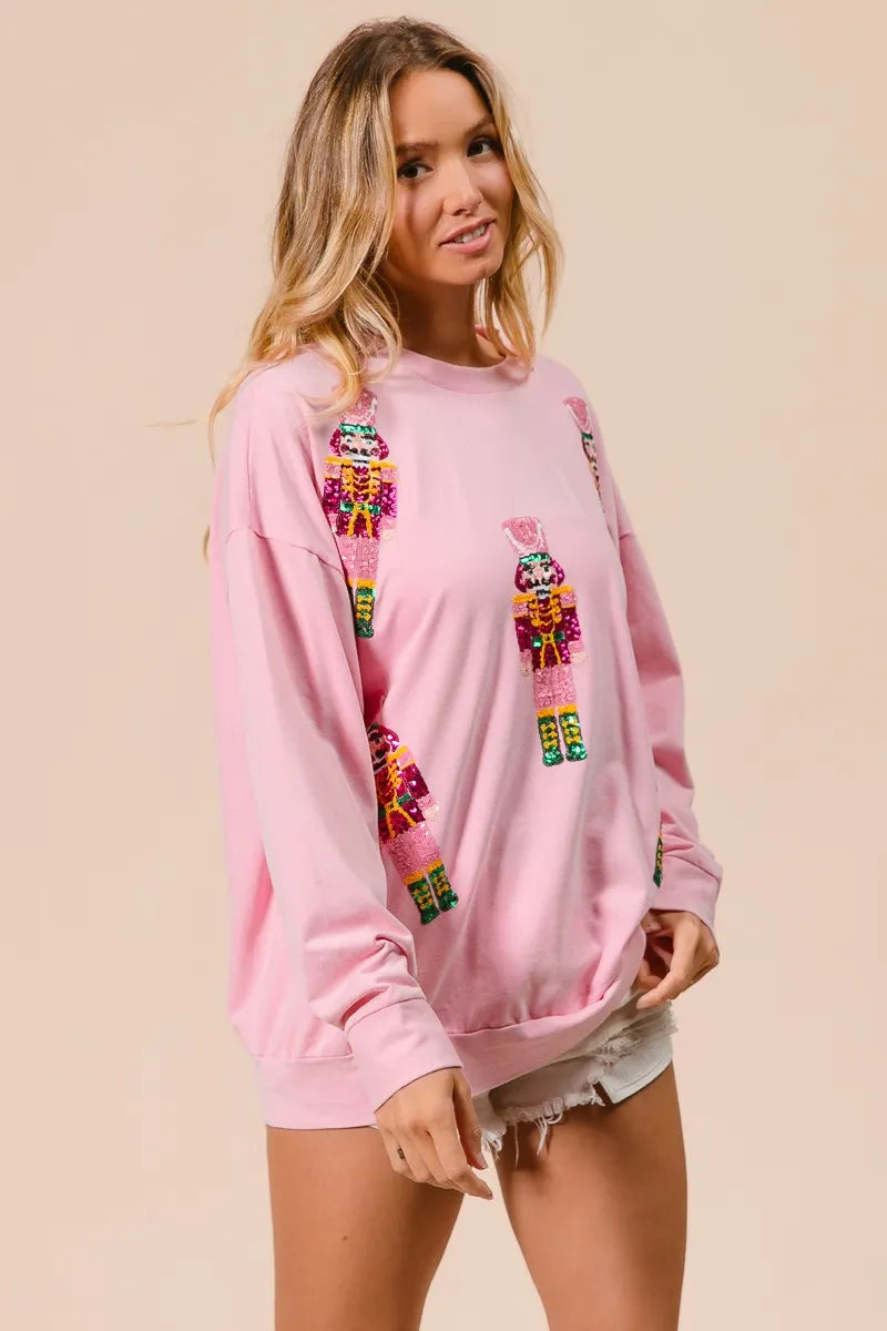 BiBi Light Pink Sequin Nutcrackers Embroidery Christmas Sweatshirt