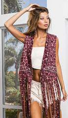 BiBi Fringe Detail Pink sLeopard Vest with Star Stud PINK LEOPARD